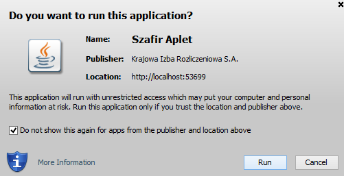 8 Rys. 7. Tworzenie konta przy pomocy podpisu cyfrowego Użytkownik klikając przycisk Podpisz, może zostać poproszony o zatwierdzenie uruchomienia apletu o nazwie Szafir Aplet : Rys. 8.