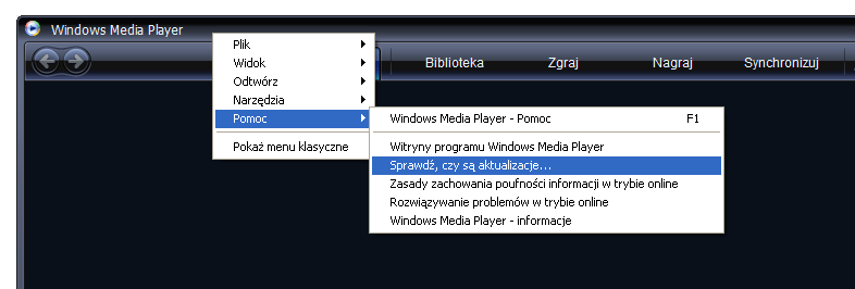 2. Następnie wyświetli się okno zawierające m.in. informację odnośnie posiadanej wersji odtwarzacza WMP. 3.