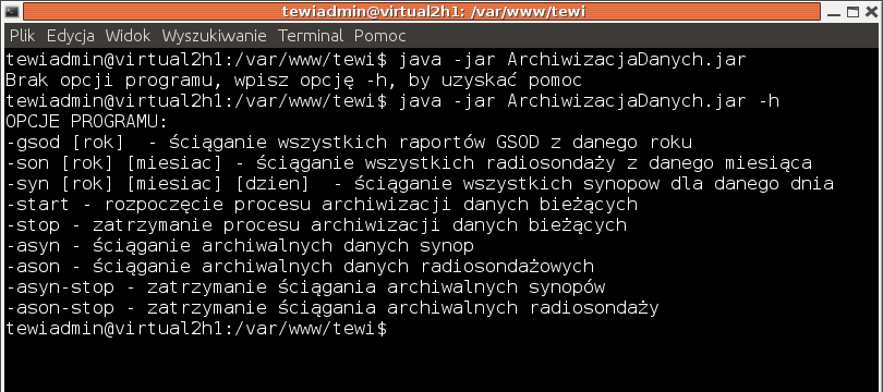 2. Archiwizacja Danych Archiwizator danych jest narzędziem uruchamianym z wiersza poleceń na serwerze TEWI i zajmującym się ściąganiem danych z zagranicznych serwerów (NOAA, OGIMET, University of