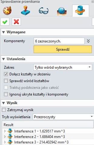 Sprawdzanie przenikania elementów Ustawienie wybranego zakresu Ukryte kształty i komponenty mogą być ignorowane przy sprawdzaniu Generowanie kształtu przenikania Wszystkie