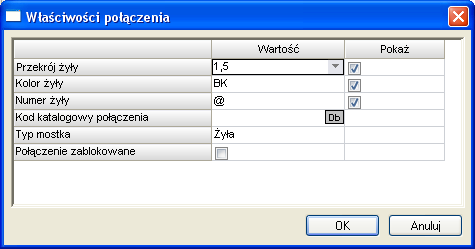 Okno Właściwości połączenia Okno właściwości połączenia umoŝliwia ustawienie widoczności przekroju, potencjału, numeru, koloru dla kaŝdego połączenia oddzielnie.