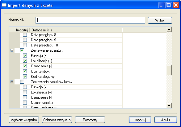 3. Wybierz wartości do importu. 4. Przycisk Parametry pozwala określić, w jaki sposób dokonać importu, jeŝeli jedna i ta sama nazwa symbolu jest importowana podwójnie lub częściej.