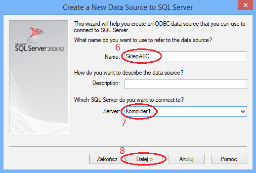 Tworzenie połączenia ODBC wymaga podania w kolejnych oknach kilku istotnych informacji. Dla SQL Server 2008 są to: Nazwa połączenia jaką będziemy się w przyszłości posługiwać.