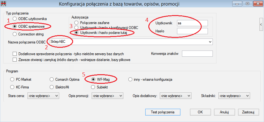 Jako ostatni parametr należy zaznaczyć zmianę bazy domyślnej i wybrać z listy nazwę swojej bazy danych zgodną z bazą programu WF-Mag.