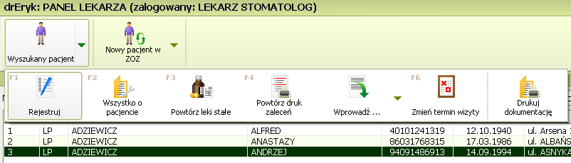 Rejestracja pacjenta Wyszukaj kartę pacjenta w bazie danych klikając przycisk Znajdź Pacjenta Wpisz dane w polu Nazwisko lub Imię, Numer ID, Numer Karty zostanie wyszukany pacjent.