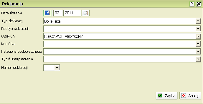 Należy wypełnić następujące pola: Data złożenia - domyślnie system ustala datę bieżącą (w celu wporwadzneia daty możesz skorzystać z modułu kalendarza - kliknij na ) Typ deklaracji - wybierany z