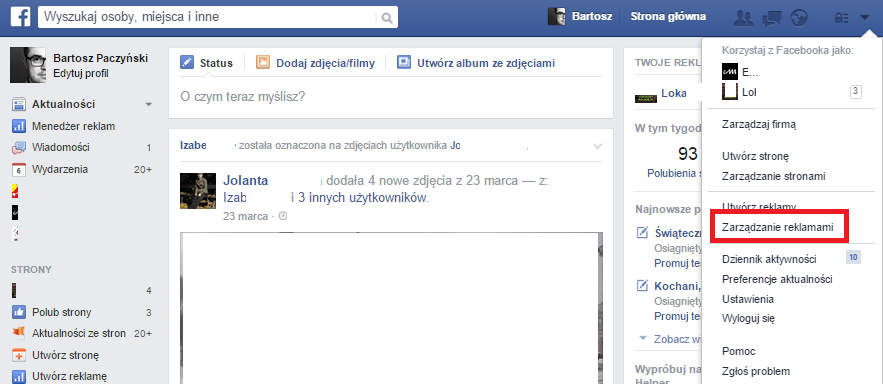 Sieć reklamowa na Facebook.com 1. Kliknij Zarządzanie reklamami 2. Utwórz pierwszą przykładową reklamę 3.