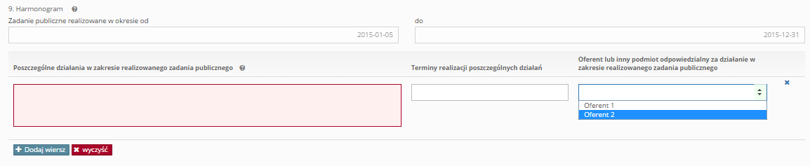 9. W drugim etapie wypełniania formularza Dane oferenta w punkcie 9) nazwiska i imiona osób do reprezentowania oferenta jeśli chcemy wprowadzić więcej niż jedną osobę należy przycisnąć +dodaj osobę.