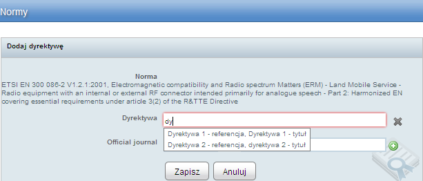 Przycisk "Dodaj" powoduje wyświetlenie formularza dodawania dyrektywy do normy, której widok jest wyświetlony.