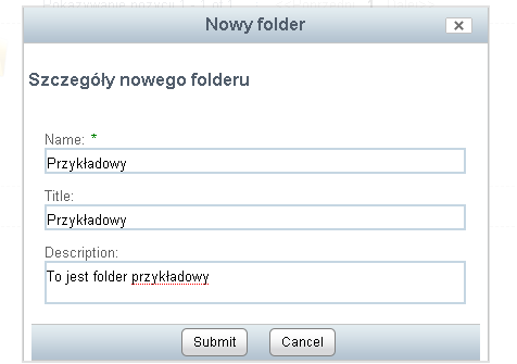 Rysunek 42: Widok repozytorium 8.2.2. Tworzenie nowych folderów w bibliotece dokumentów Aby utworzyć w bibliotece repozytorium nowy folder należy znaleźć się w lokalizacji, w której ma powstać.