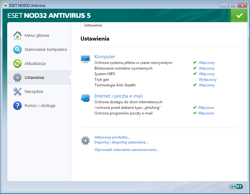 4. Praca z programem ESET NOD32 Antivirus Korzystając z ustawień programu ESET NOD32 Antivirus, można skonfigurować odpowiedni poziom ochrony komputera.