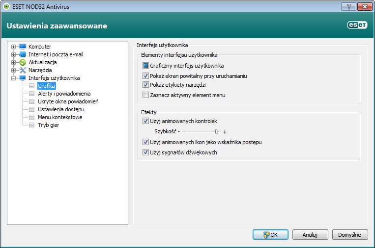 4.5.1 Grafika Opcje konfiguracji interfejsu użytkownika w programie ESET NOD32 Antivirus umożliwiają dostosowanie środowiska pracy do potrzeb użytkownika.