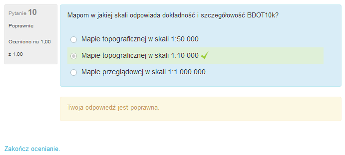 Aby wyjść z podglądu próby należy kliknąć odnośnik Zakończ ocenianie dostępny w sekcji