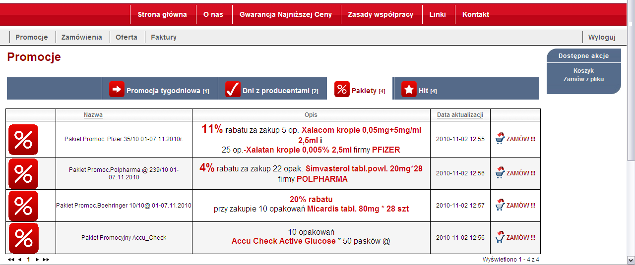 Zakładka PROMOCJE apteka może zamawiać promocje opcjonalne i pakietowe.