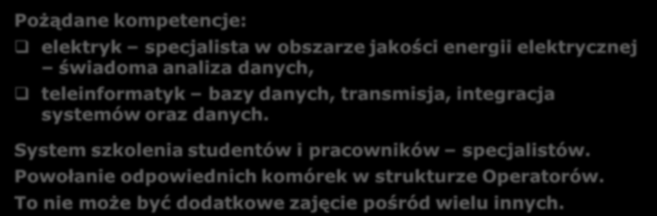 Pożądane kompetencje: elektryk specjalista w obszarze jakości energii elektrycznej świadoma analiza danych, teleinformatyk bazy danych, transmisja, integracja systemów oraz