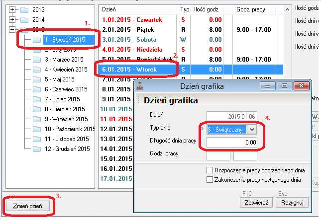 e. W kolejnym oknie kliknąć na symbol folderu, aby wybrać z listy wzorzec godzinowy, według którego pracuje dana grupa pracowników, np. od 8.00 do 16.00: f.