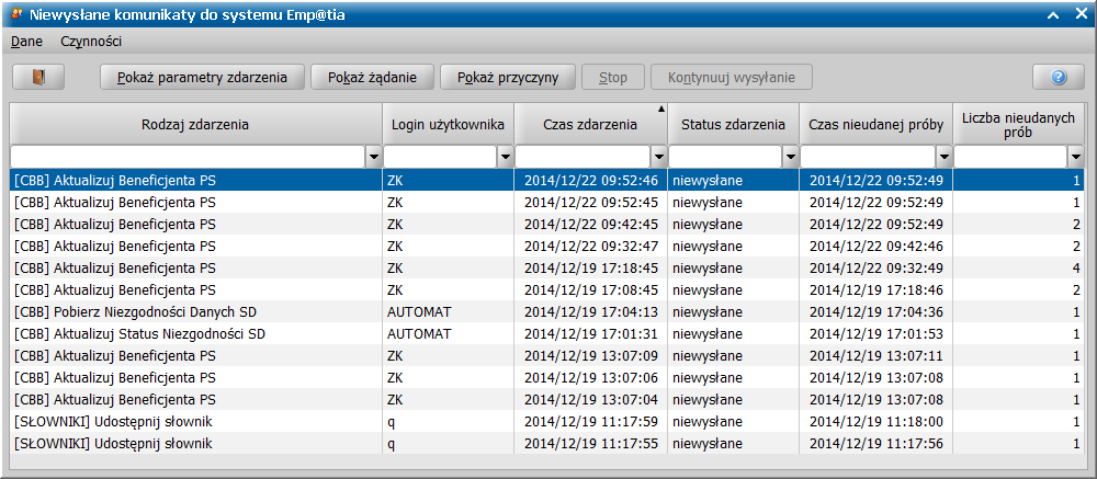 Otworzy się okno "Niewysłane komunikaty do systemu Emp@tia.