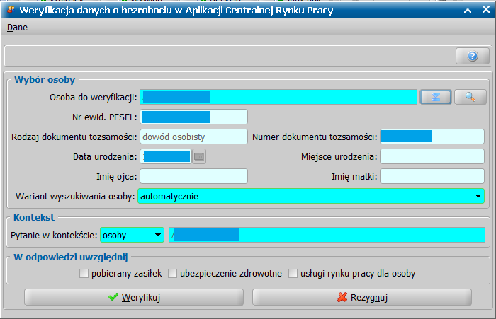 Aby dokonać weryfikacji danych o bezrobociu w systemie AC Rynek Pracy, w sekcji Dane osoby musi być uzupełniony: numer PESEL lub Imię i nazwisko i Data urodzenia lub Numer i rodzaj dokumentu