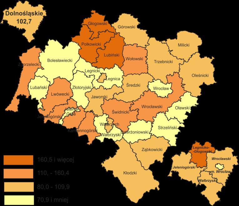 197,7 osób. MAPA. 1. ZATRUDNIENI a W WARUNKACH ZAGROŻENIA NA 1000 OSÓB OBJĘTYCH BADANIEM WEDŁUG POWIATÓW W 2014 R.