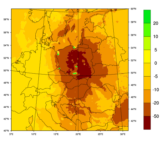 Aby określić udział transgranicznych źródeł prekursorów ozonu, wykonano obliczenia przy całkowicie wyłączonej emisji antropogenicznej nad obszarem Polski.