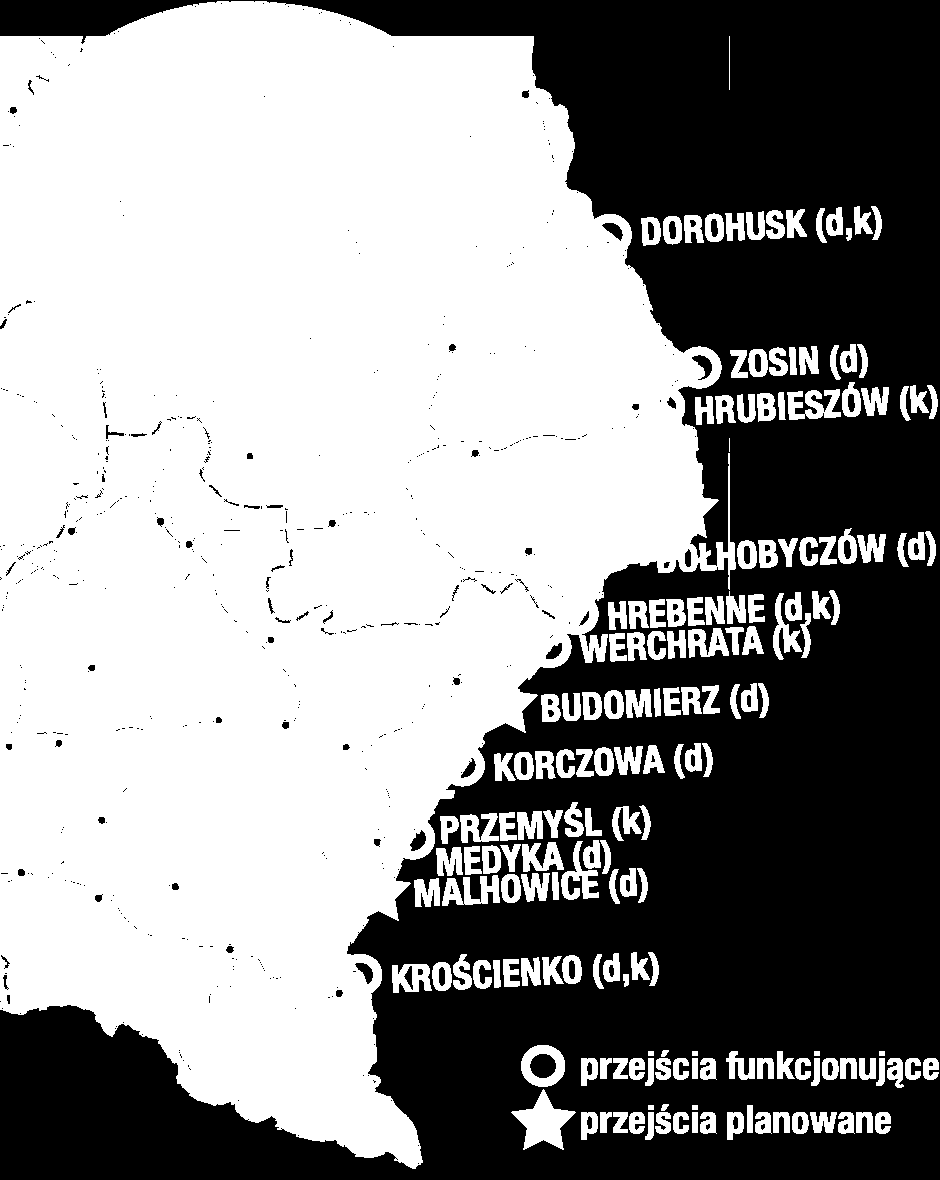 Infrastruktura przejść granicznych 13 Infrastruktura przejść granicznych Na granicy z Ukrainą funkcjonuje 12 przejść granicznych, w tym: 6 przejść drogowych i 6 przejść kolejowych.