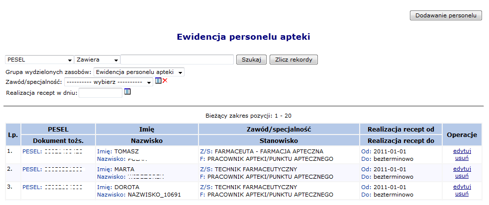 4.5 Ewidencji personelu apteki Kolejnym krokiem po zatrudnieniu osób personelu jest uzupełnienie Ewidencji personelu apteki dostępnego w module Potencjał: Rys. 4.