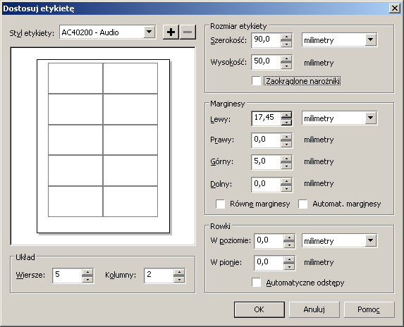 1.2. Wizytówki Utwórzmy nowy dokument. Wybierzmy Układ Ustawienia strony i w oknie dialogowym ustawmy pożądany format. Będziemy wprawdzie projektować nasze wizytówki jako etykiety (np.