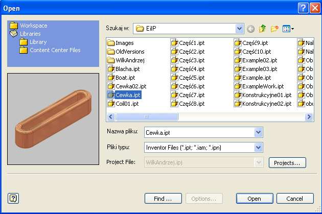 Wybierz plik Cewka.ipt i zamknij dialog przyciskiem Open. 6.3.
