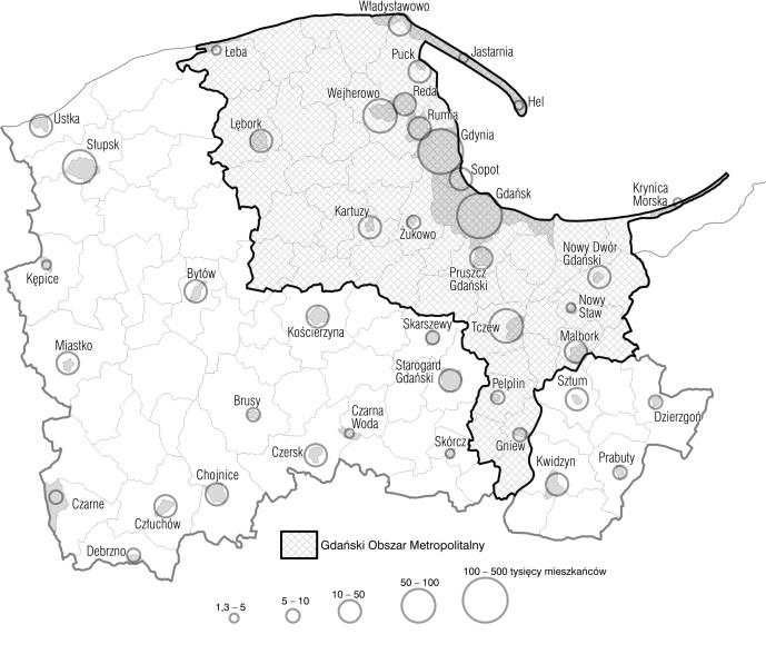 Struktura przestrzenna ośrodki miejskie Duże dysproporcje w rozmieszczeniu ośrodków miejskich Koncentracja miast w strefie nadmorskiej Poza tą