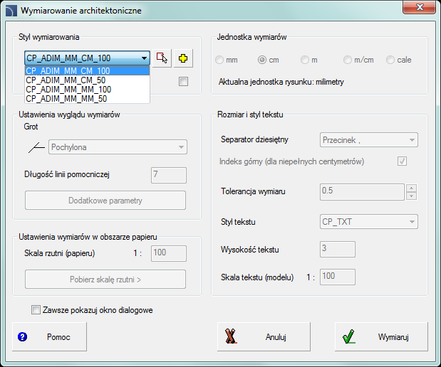 CADprofi Architectural: Wymiarowanie architektoniczne Wymiarowanie architektoniczne Wymiarowanie Polecenie Wymiarowanie architektoniczne służy do wygodnego wymiarowania za pomocą stylów dostosowanych