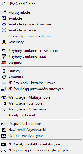 CADprofi HVAC & Piping: Menu i paski narzędzi modułu HVAC & Piping Menu i paski narzędzi modułu HVAC & Piping Polecenia modułu HVAC & Piping Pasek narzędzi CADprofi Instalacje rurowe i wentylacyjne