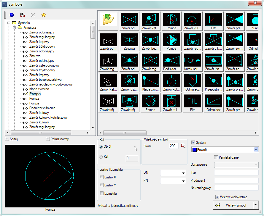 CADprofi HVAC & Piping: Symbole Symbole Polecenie Symbole oraz Wentylacja Symbole umożliwia wstawianie do rysunku różnorodnych symboli z dostępnej biblioteki.