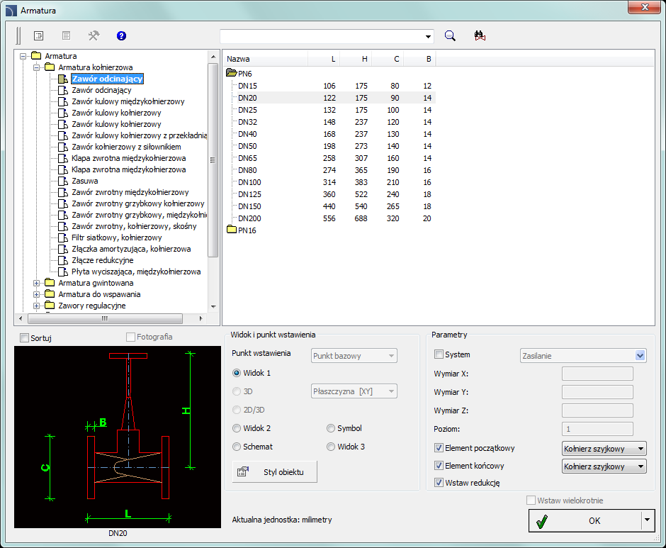 CADprofi HVAC & Piping: Armatura Armatura Polecenie Armatura umożliwia wstawianie do rysunku widoków armatury, pomp in line oraz innego wyposażenia przewodów instalacji rurowych.