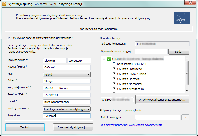 Instalacja: Rejestracja i aktywacja licencji Rejestracja i aktywacja licencji Aby aktywować wersję komercyjną programu CADprofi należy przeprowadzić proces aktywacji licencji.
