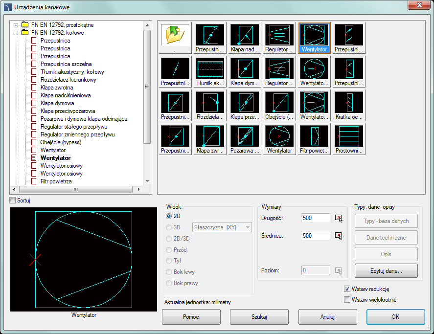 CADprofi HVAC & Piping: Urządzenia kanałowe Urządzenia kanałowe Polecenie Urządzenia kanałowe umożliwia wstawianie wyposażenia instalacji wentylacyjnych.