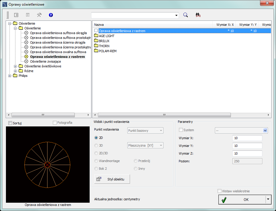 CADprofi Electrical: Oświetlenie Oświetlenie Polecenie Oprawy oświetleniowe pozwala na wstawianie typowych opraw oświetleniowych.