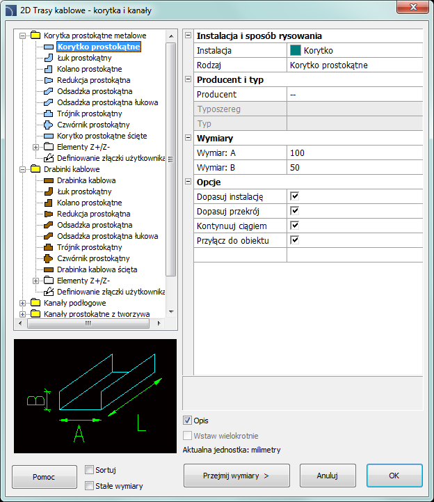 CADprofi Electrical: 2D Trasy kablowe korytka i kanały Okno dialogowe 2D Trasy kablowe korytka i kanały Okno dialogowe 2D Trasy kablowe korytka i kanały zawiera: Drzewo kategorii zawiera listę