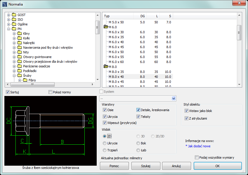 CADprofi Mechanical: Normalia Normalia Polecenie Normalia umożliwia wstawianie do rysunków elementów znormalizowanych, takich jak: śruby, nakrętki, nity, wpusty, łożyska, kliny itd.