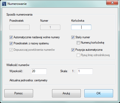 CADprofi Polecenia ogólne: Numerowanie Przypisywanie numerów W oknie dialogowym należy określić sposób numerowania oraz wielkość i wygląd wstawianych numerów.