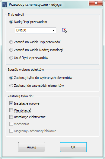 CADprofi Polecenia ogólne: CADprofi Edycja Polecenie Przewody schematyczne edycja pozwala na określanie typów, a także na zmianę widoku przewodów.