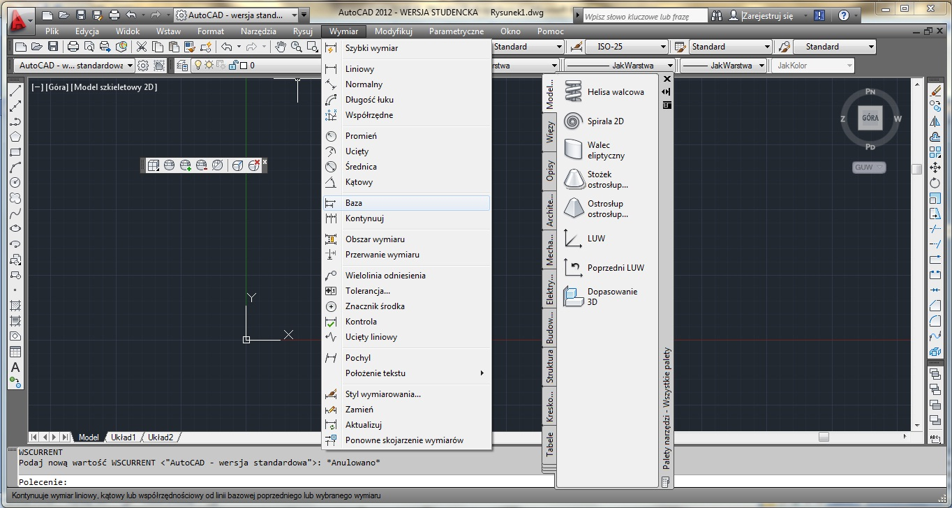 PASKI NARZĘDZI ROZWIJANE MENU Rysunek 6 Okno programu w trybie AutoCAD wersja standardowa Paski narzędzi graficzna reprezentacja funkcji AutoCAD-a w postaci ikon Menu rozwijalne menu zawierające