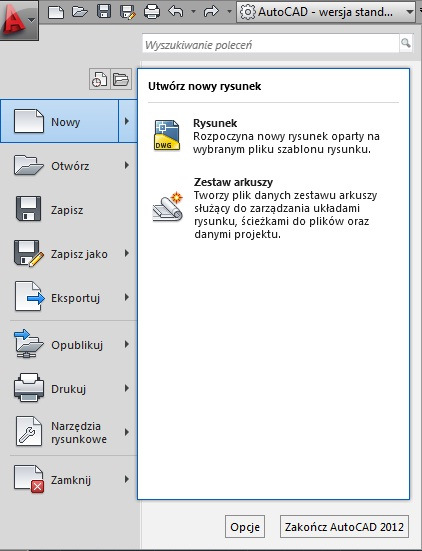 Rozwiązanie: 1. Uruchom program AutoCAD 2010. 2. W menu głównym programu wybrać opcję Nowy Rysunek (Rysunek 7 lewa) Rysunek 7 Tworzenie nowego rysunku 3.