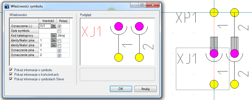 Przykład użycia: Symbole dodano do biblioteki jako 2 pary gniazdo-wtyk w jednym złączu. Program wywoła kolejno dialog do oznaczenia pinów złacza męskiego XP?