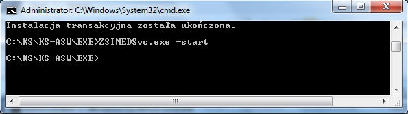 1.2.Inicjowanie usługi ZSIMED Rys. 1 Instalacja usługi ZSIMED Po zakończeniu instalacji należy zainicjować usługę poleceniem (Rys. 2): C:\KS\KS-ASW\EXE>ZSIMEDSvc.