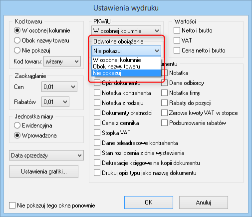 Informacja o odwrotnym obciążeniu na wydruku dokumentu sprzedaży W opcjach ustawień wydruku została dodana lista wyboru, umożliwiająca wyświetlenie informacji o odwrotnym obciążeniu.