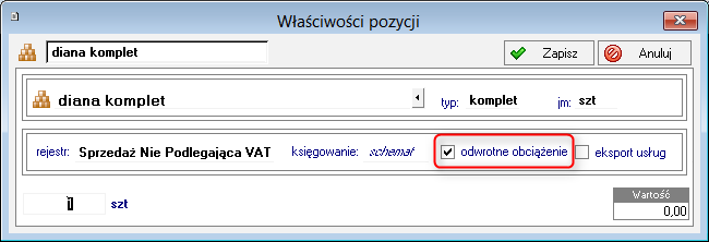 Właściwości pozycji z oznaczeniem odwrotne obciążenie Na formatce Właściwości pozycji dokumentu sprzedaży pojawia się pole wyboru odwrotne obciążenie dla tych dokumentów, dla których może być