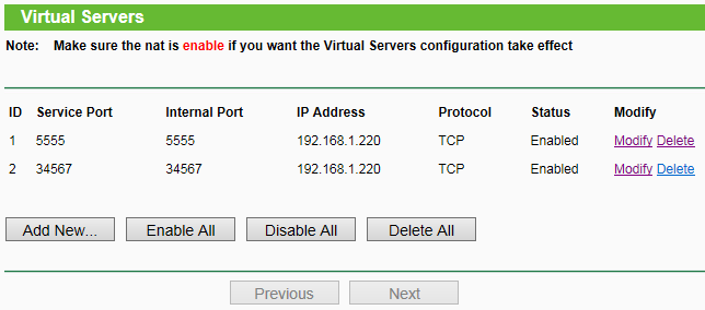 Wybieramy Add New Uzupełniamy dane zgodnie powyższym, tj. Service Port oraz Internal Port: wpisujemy numer portu, który chcemy otworzyć.