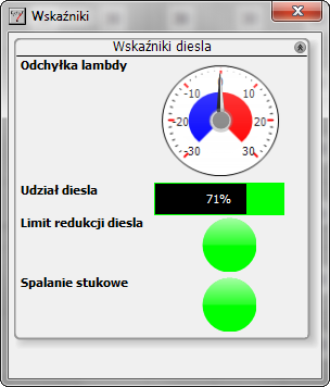 Rysunek 34. Widok okna Wskaźniki Odchyłka lambdy różnica w składzie mieszanki, między aktualną chwilową wartością (na gazie), a wartością w tym samym punkcie na oleju napędowym.
