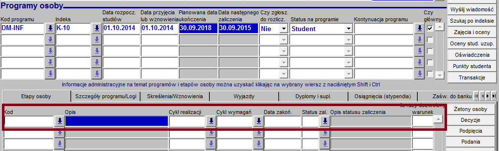 chronologią zdarzeń. W szczególności data nie może być mniejsza od 01.01.1900 ani większa od 01.01.2199. POL-on wymaga także, żeby w programie studiów studenta nie brakowało semestrów. 3.4.