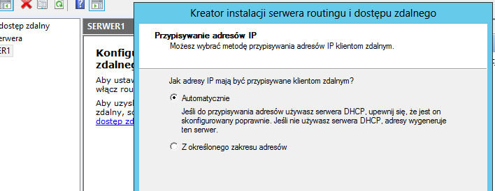 6. Tym razem wybieramy interfejs, na którym użytkownicy będą łączyć się do naszego VPN 7. Teraz trzeba wybrać opcję, w jaki sposób mają być przydzielane adresy IP podłączanym klientom VPN.